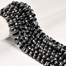 Black Crystal Glass with Metallic Silver Design Faceted Round 8mm 12" Strand