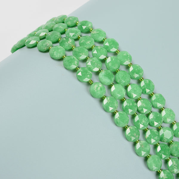 Natural Green Jadeite Hexagram Cutting Faceted Coin Beads 12mm 15.5'' Strand