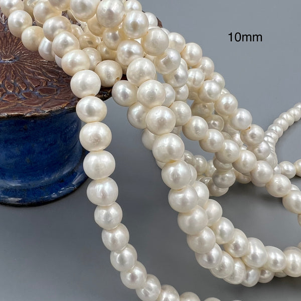 2.0mm Hole White Fresh Water Pearl Off Round Beads Size 8-9mm 9-10mm 8" Strand
