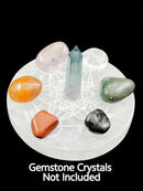 Selenite Round Charging Plate Metatron's Cube & Moon Flower Crystal Size 4''