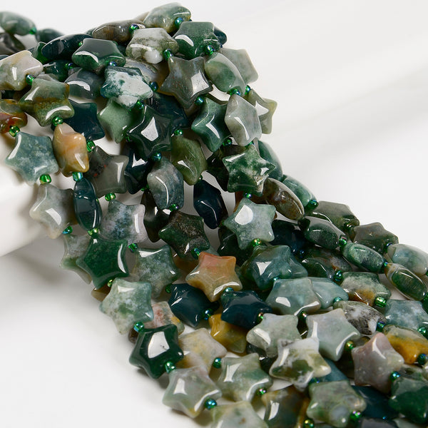 Natural Moss Agate Five-Pointed Star Shape Beads Size 15mm 15.5'' Strand