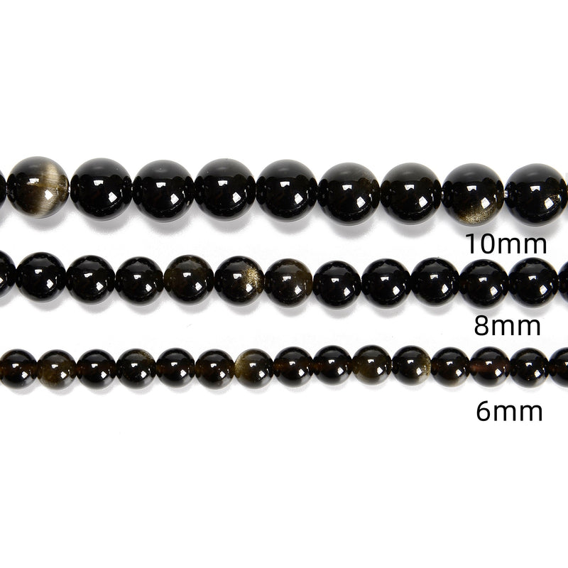 Gold Sheen Obsidian Smooth Round Beads 4mm 6mm 8mm 10mm 12mm 15.5" Strand