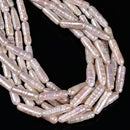 Natural White Fresh Water Pearl Ringed Long Stick Shape Beads 6-7x25-28mm 16"Str