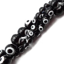 Black Evil Eye Glass Smooth Round Beads 6mm 8mm 10mm 15.5" Strand