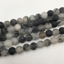 large hole black tourmalinated quartz matte round beads