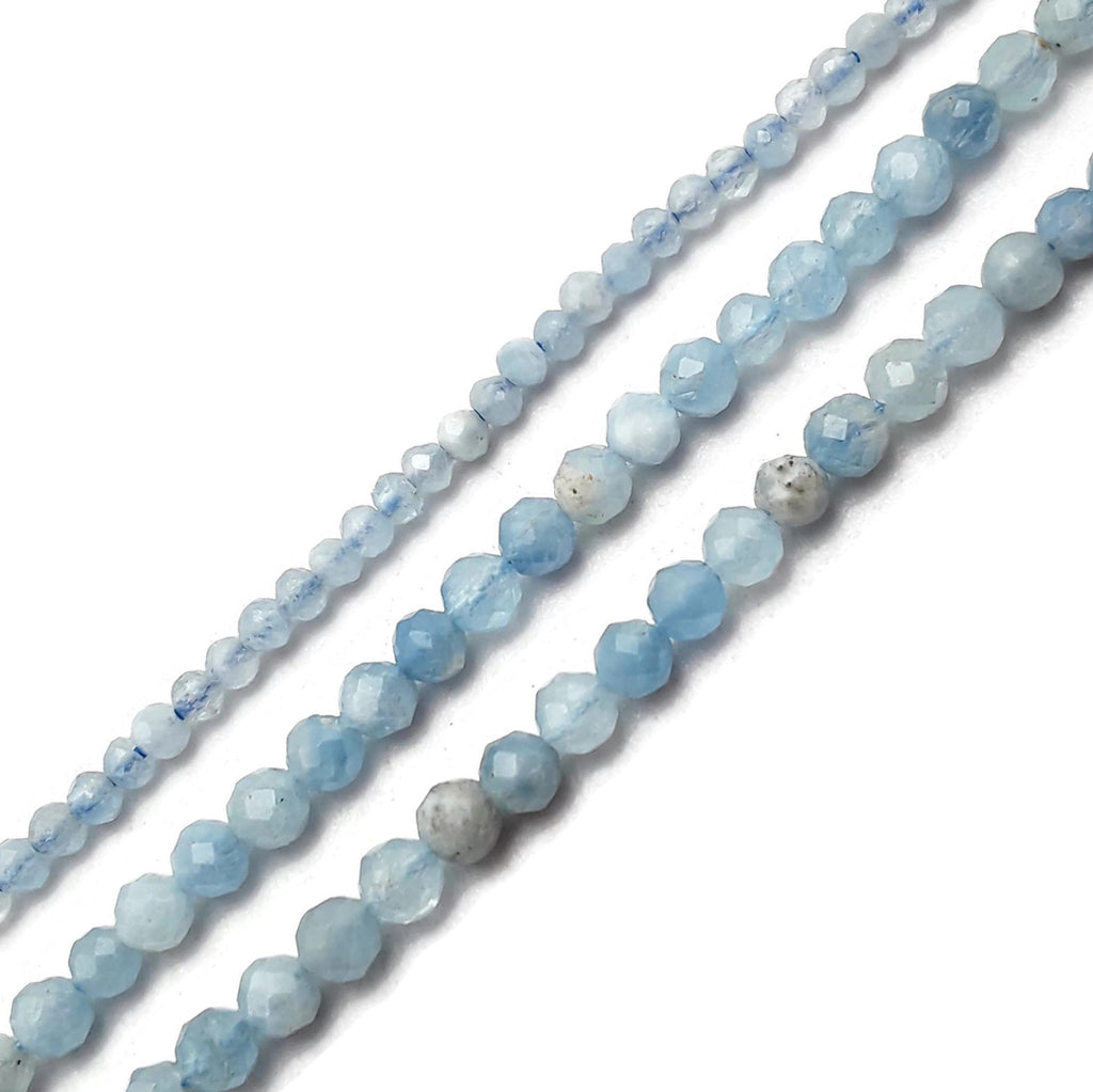 Natural Multi Blue Aquamarine Gemstone Beads - Faceted Round, 3mm 3.5mm 4mm Mix, 15.5" Strand For Jewelry Making