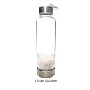 crystal infused healing glass water bottle with gemstone chips tall