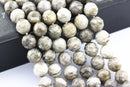 silver leaf jasper faceted round beads