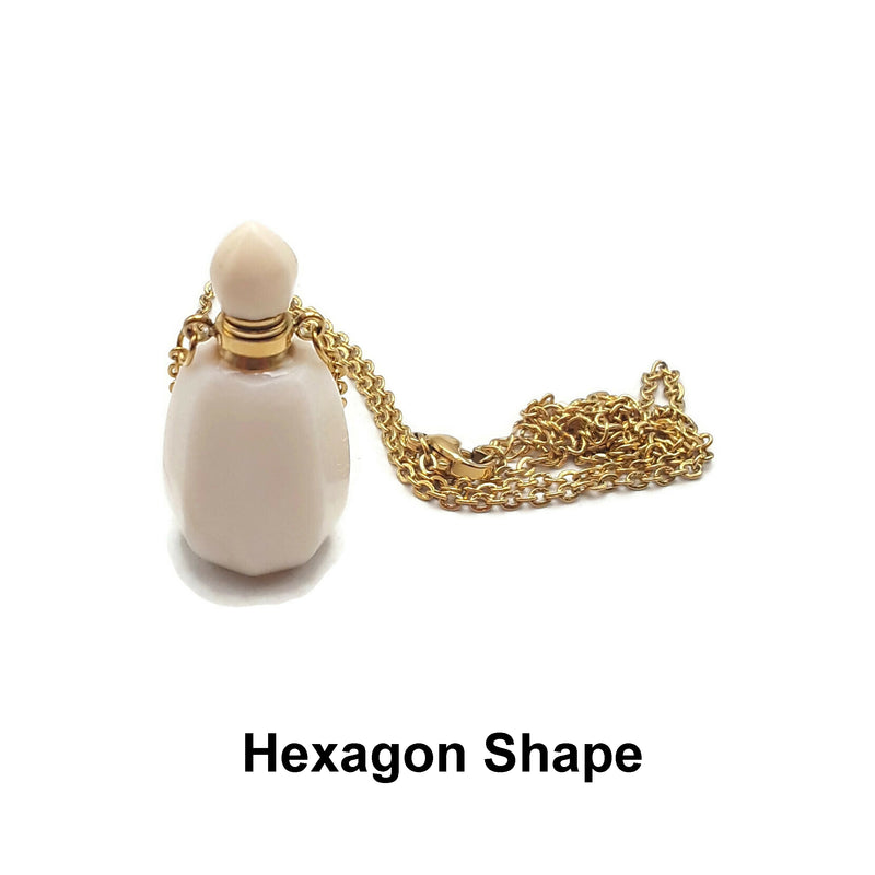 White Opal Essential Oil Bottle Necklace Hexagon/Trapezoid Shape & Gold Chain