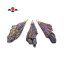 Rainbow Aura Peacock Titanium Kyanite Wing Fan Wire Wrap Pendant 60-70mm