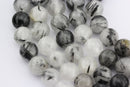 large hole black tourmalinated quartz smooth round beads