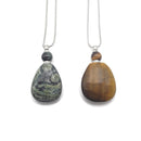 Natural Stone Essential Oil Necklace Flat Round Perfume Bottle & Silver Chain