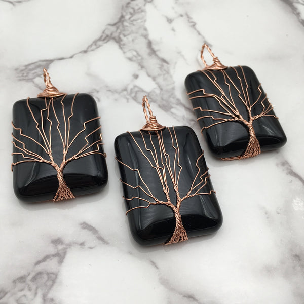 black onyx tree pendant copper wire wrap