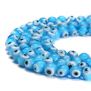 Aqua Blue Evil Eye Glass Smooth Round Beads Size 6mm 8mm 15.5'' Strand