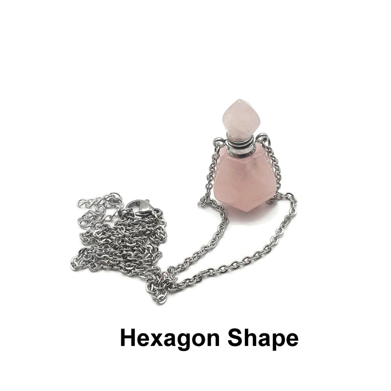 Rose Quartz Essential Oil Bottle Necklace Hexagon/Trapezoid Shape & Silver Chain