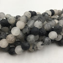 large hole black tourmalinated quartz matte round beads