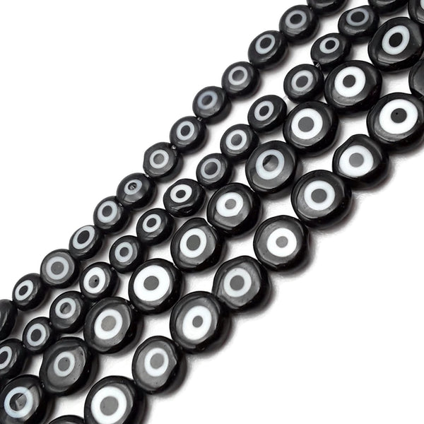 Black Evil Eye Glass Coin Discs Beads Size 6mm 8mm 10mm 15.5" Strand