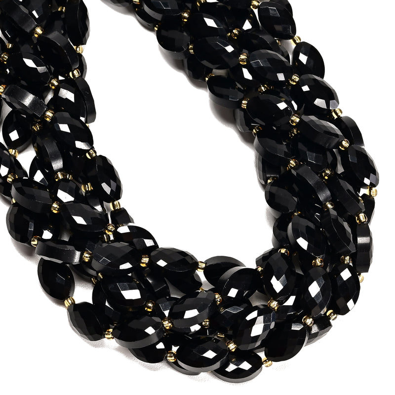 Black Onyx Faceted Flat Oval Shape Beads Size 9x14mm 15" Strand