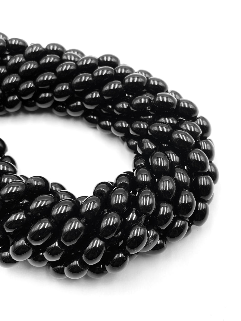 Natural Black Onyx Smooth Rice Barrel Shape Beads Size 8x10mm 15.5" Strand