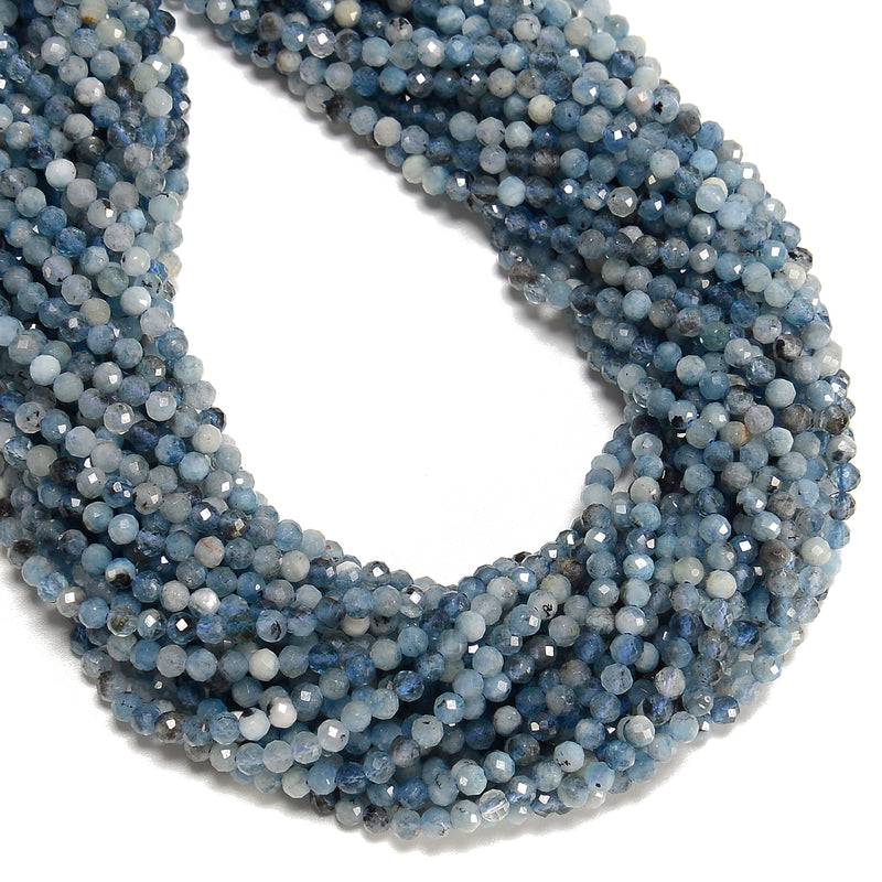 Grade A Natural Dark Blue Aquamarine Faceted Round Beads 3.5mm 4mm 15.5" Strand