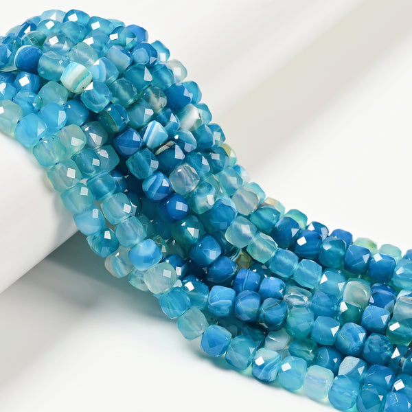 Blue Stripe Agate Faceted Cube Beads Size 7mm 15.5'' Strand