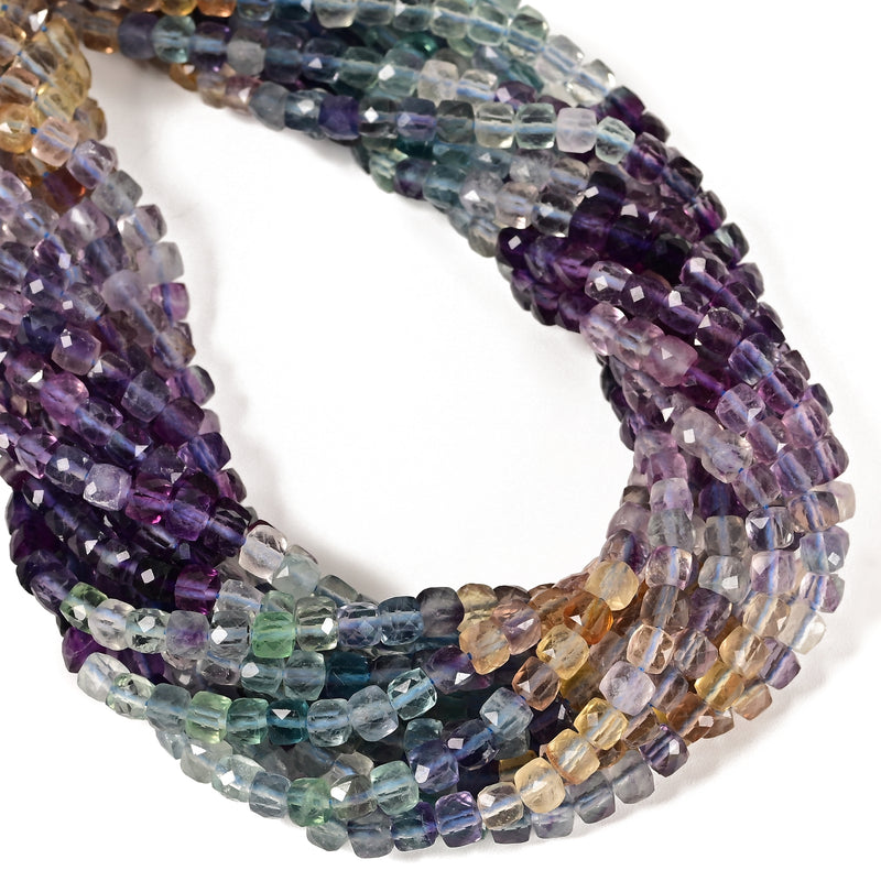 Natural Gradient Rainbow Fluorite Faceted Cube Beads Size 4-5mm 15.5'' Strand