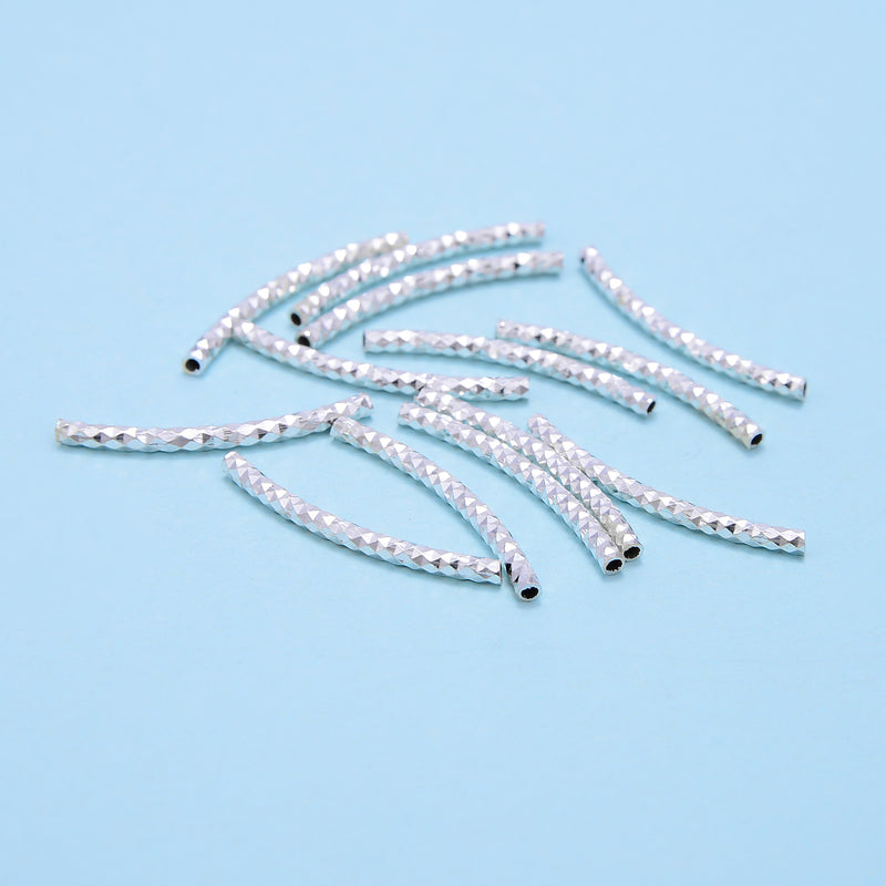925 Sterling Silver Faceted Curved Tube Beads Size 2x25mm 6 Pieces Per Bag