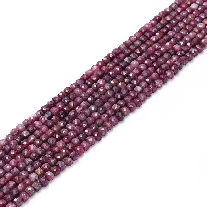 Natural Red Tourmaline Faceted Cube Beads Size 4mm 15.5'' Strand