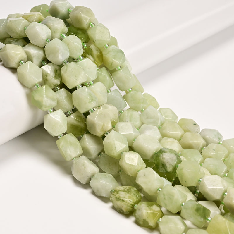 Natural Green Jade Faceted Nugget Chunk Beads Size 10x12mm 15.5'' Strand