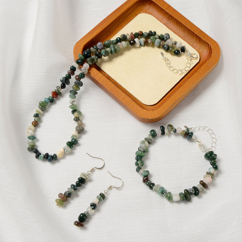 Natural Moss Agate Chips Beads Size 5-8mm Jewelry Set Bracelet Earrings Necklace