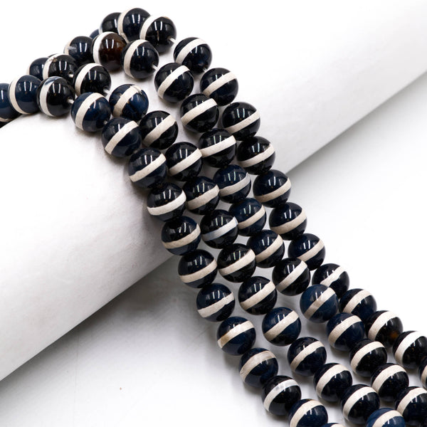 Black & White Stripe Tibetan Agate Smooth Round Beads Size 6mm 8mm 10mm 15.5"Std
