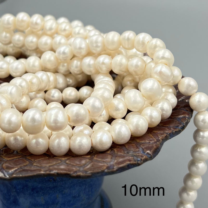 2.0mm Hole White Fresh Water Pearl Off Round Beads Size 8-9mm 9-10mm 8" Strand