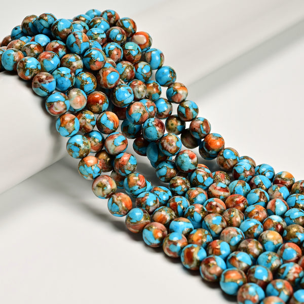 Natural Spiny Oyster Mohave Copper Turquoise Smooth Round Beads 8mm 15.5''Strand