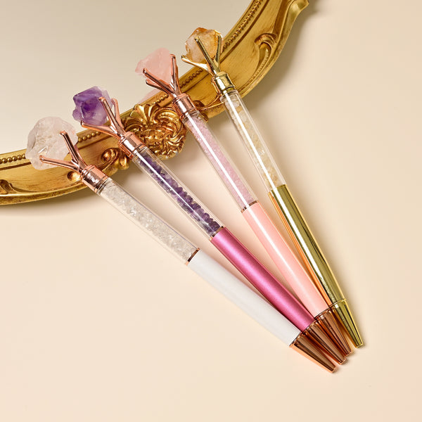 Metal Ballpoint Crystal Pens With Raw Gemstone and Gemstone Chips