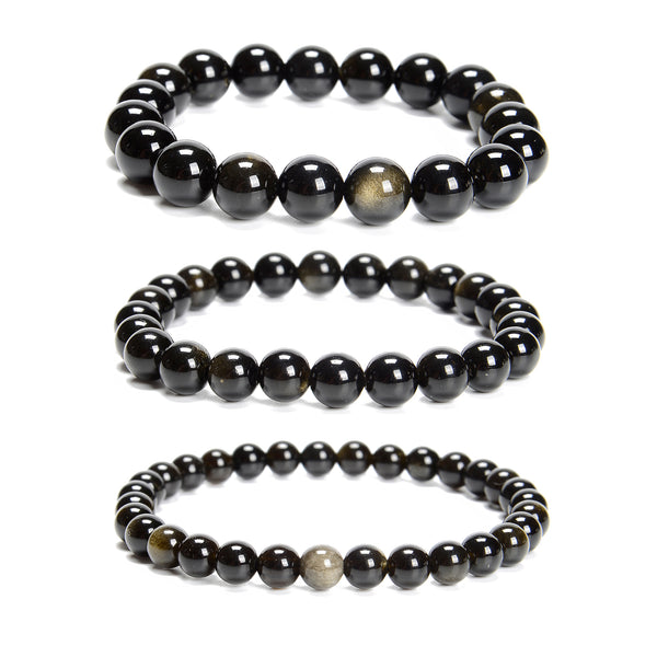 Gold Sheen Obsidian Smooth Round Beads Bracelet 6mm to 10mm 7.5''Length 3PCS/Set