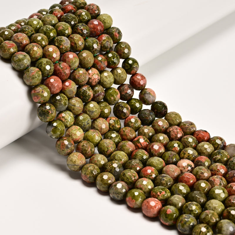 Natural Unakite Faceted Round Beads Size 8mm 10mm 12mm 15.5'' Strand