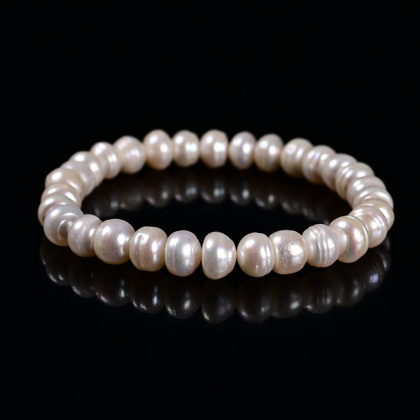 White Fresh Water Pearl Rondelle Button Beaded Bracelet 4x6mm 6x8mm 7.5''Length