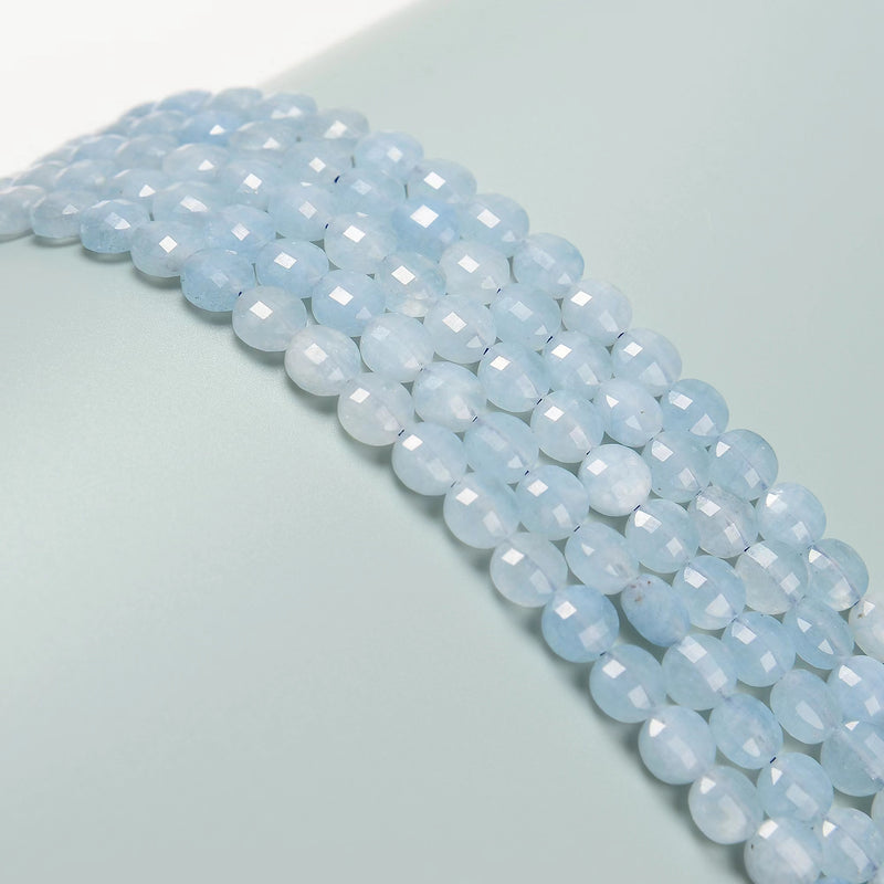 Natural Blue Aquamarine Faceted Round Coin Beads 8mm 15.5" Strand