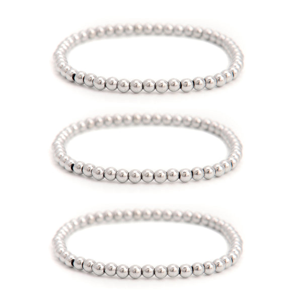 Silver Plated Hematite Smooth Round Beaded Bracelet 4mm 7.5'' Length 3 PCS/ Set