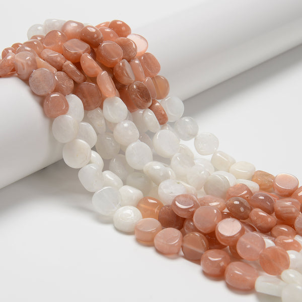Natural White/Peach Moonstone Irregular Coin Beads Size 10mm 15.5'' Strand