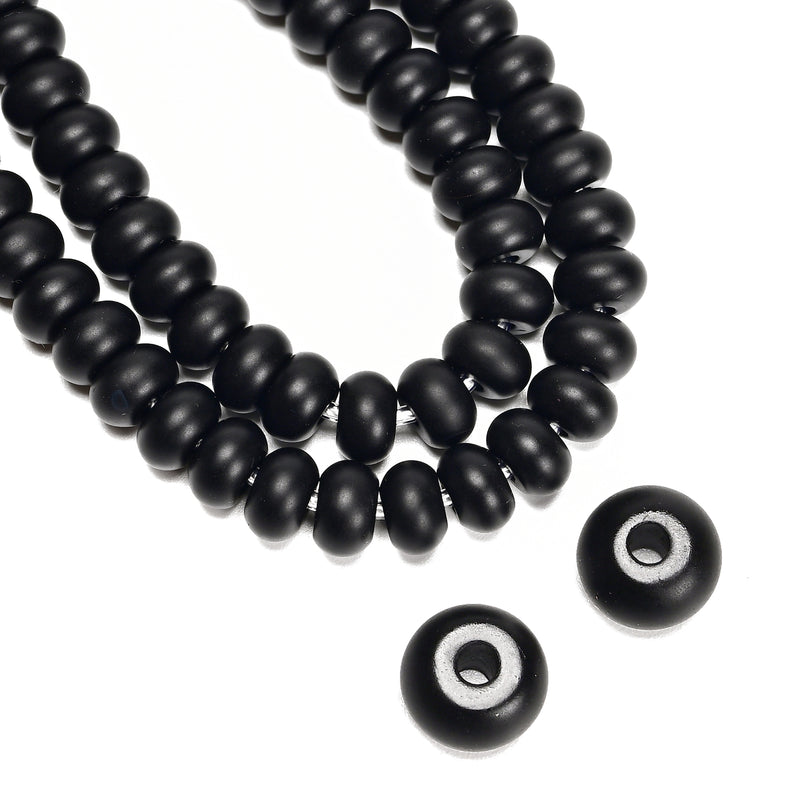 2.0mm Hole Black Onyx Matte Rondelle Beads 5x8mm 6x10mm 8" Strand