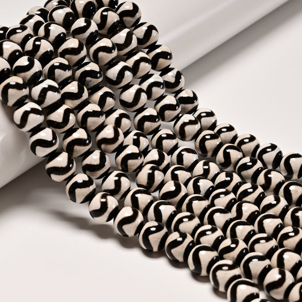 Black & White Wavy Tibetan Agate Smooth Round Beads Size 10mm 15.5" Strand