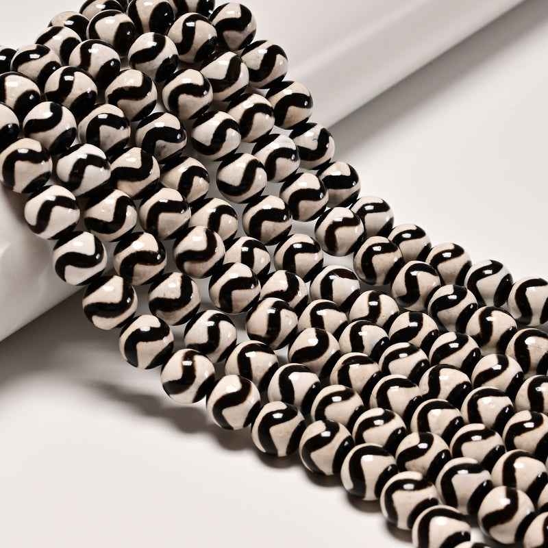 Black & White Wavy Tibetan Agate Smooth Round Beads Size 10mm 15.5" Strand