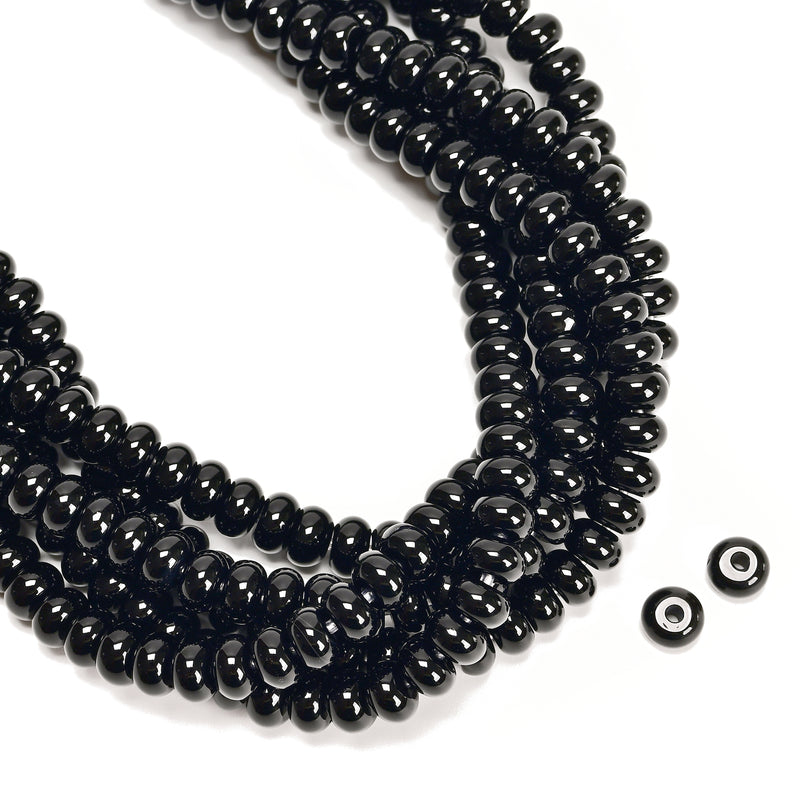 2.0mm Hole Black Onyx Smooth Rondelle Beads 5x8mm 6x10mm 8" Strand