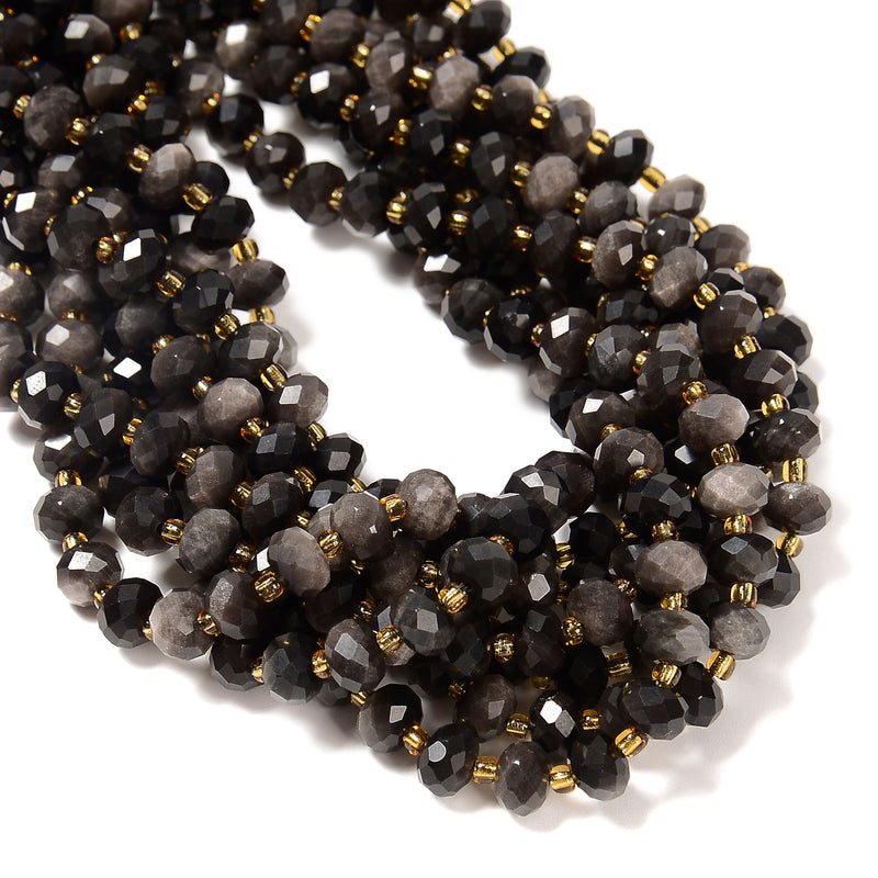 Natural Silver Obsidian Faceted Rondelle Beads Size 5x8mm 15.5" Strand