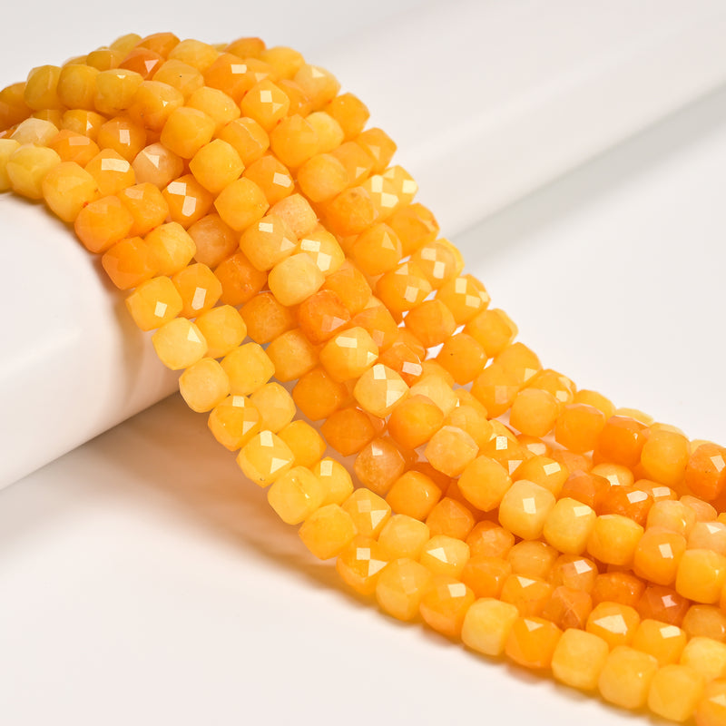 Cloudy Yellow Color Dyed Jade Faceted Cube Beads Size 7mm 15.5'' Strand
