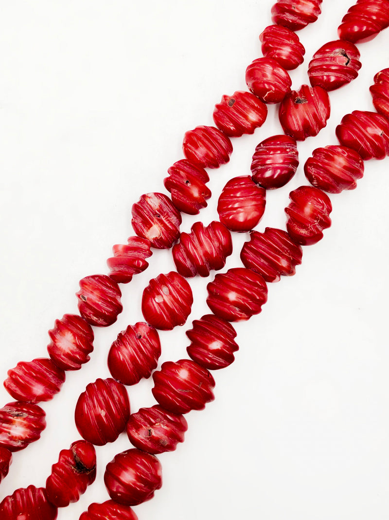 Red Bamboo Coral Hand Carved Irregular Oval Shape Beads Size 13x18mm 16'' Strand