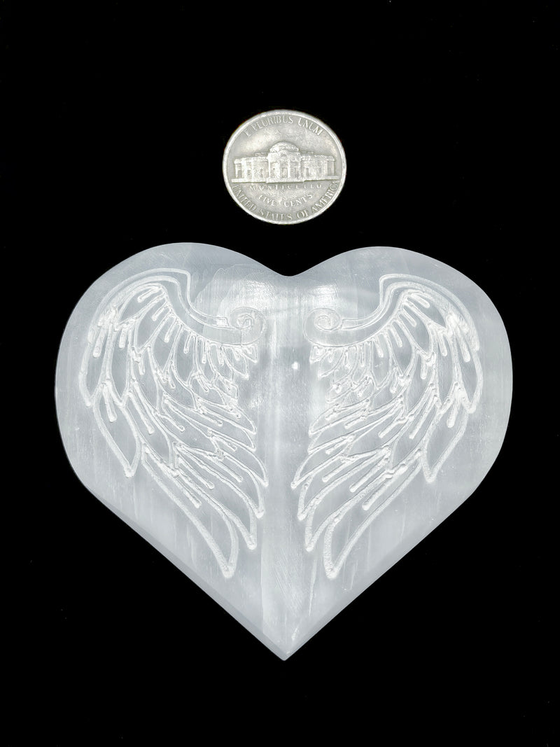 Selenite Palm Stone Heart Shape Angel Wings & Lotus Flower Size 3" Inches