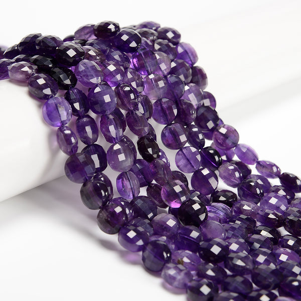 AA Grade Natural Amethyst Faceted Coin Beads Size 10mm 15.5'' Strand