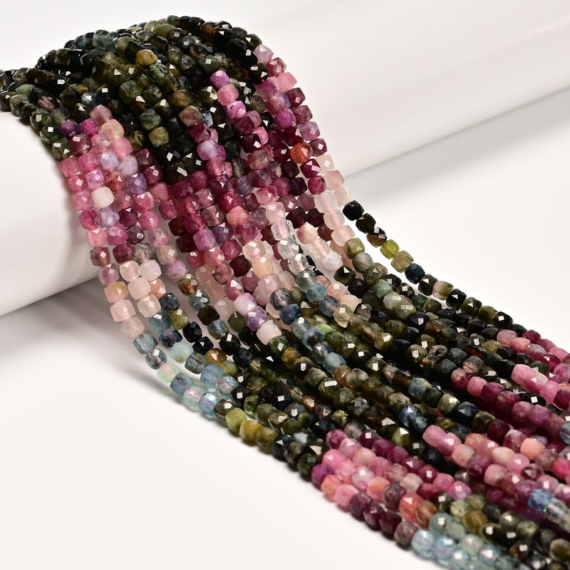 Gradient Natural Multi-color Tourmaline Faceted Cube Beads Size 4mm 15.5" Strand